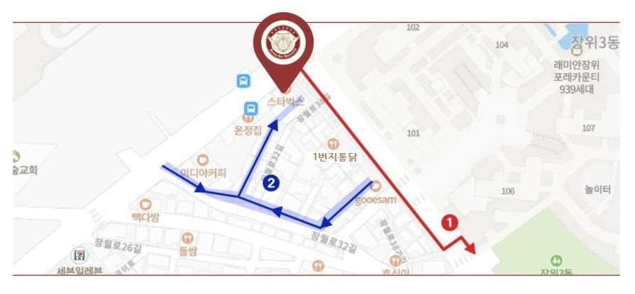장위3동 마을공영주차장과 병원 뒷편 타워주차장 위치 지도
